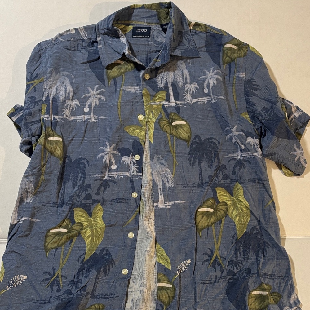 Izod Men's Blue and Green Tropical Print Shirt washable silk